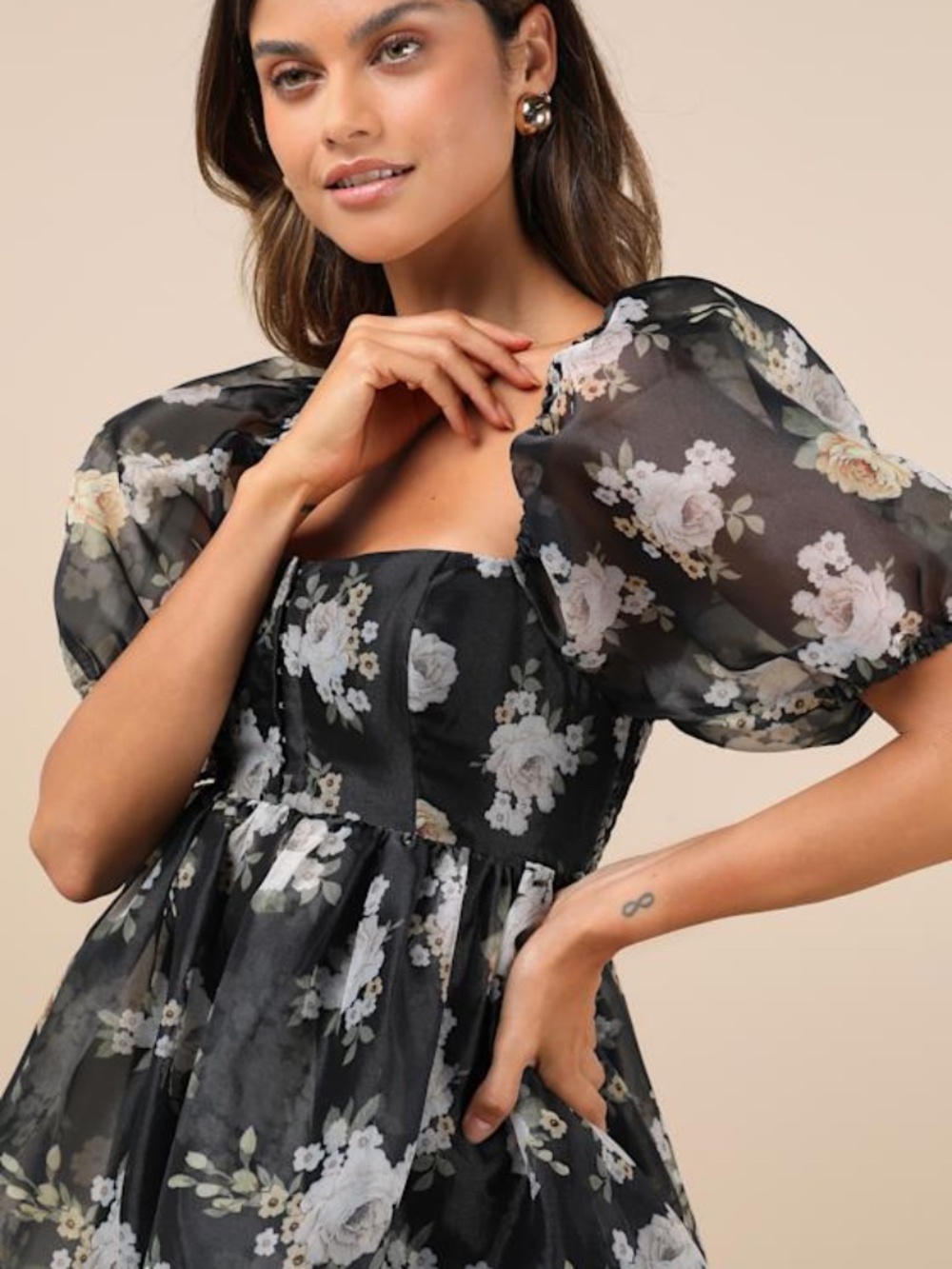 Lulus Desired Delight Black Floral Puff Sleeve Babydoll Mini Dress - Size M
